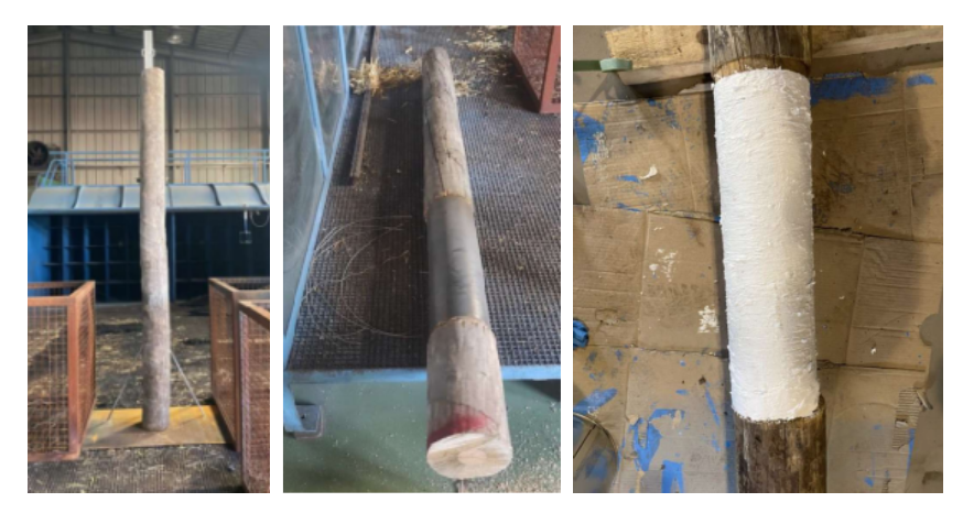 Provetes para ensaio de simulação em situação real de incêndio com a proteção aplicada esq) poste sem proteção, centro) poste com ligação e tela Polesaver dir) poste com ligação e tinta intumescente aplicada, antes de aplicação da tela